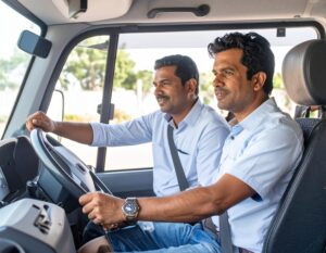 Firefly_driving instructor teaching his student driving a bus in andhra pradesh 206314