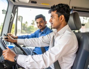 Firefly_driving instructor teaching his student driving a bus in andhra pradesh 362588